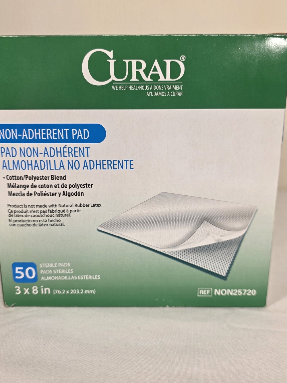 Curad Non-Adherent Pad Sterile Dressing - White (3 x 8 in, 50 Pack) NEW
